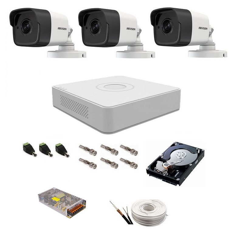 Sistem supraveghere Hikvision 3 camere 5 Mp ir 20 m